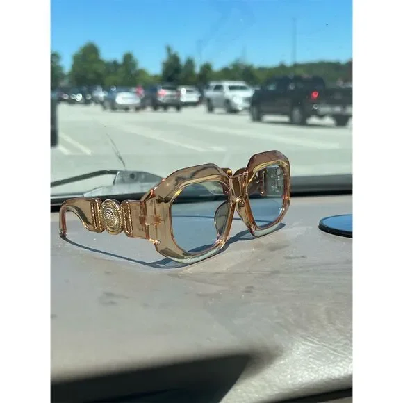 Unisex Sunglasses Transparent Gold Frame Blue Lenses Geometric S… - Picture 7 of 10